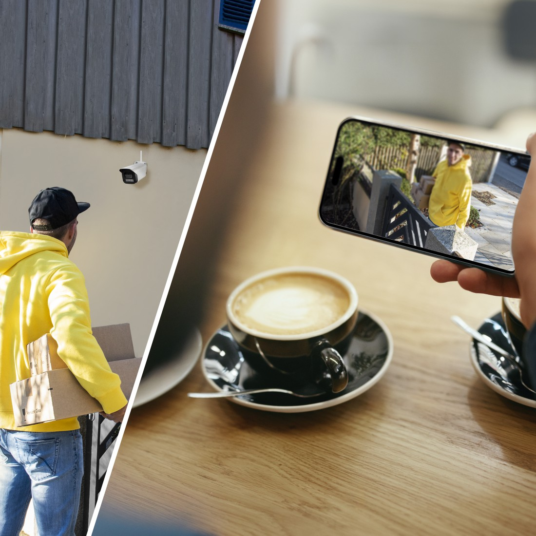 Ein Zusteller und eine Person, die die Lieferung auf dem Telefon mit Kaffee betrachtet.