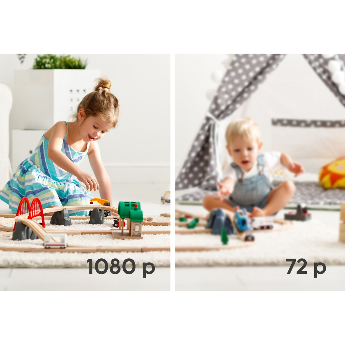 Zwei Kinder spielen mit Spielzeugeisenbahn. Eines mit 1080p, das andere mit 72p.