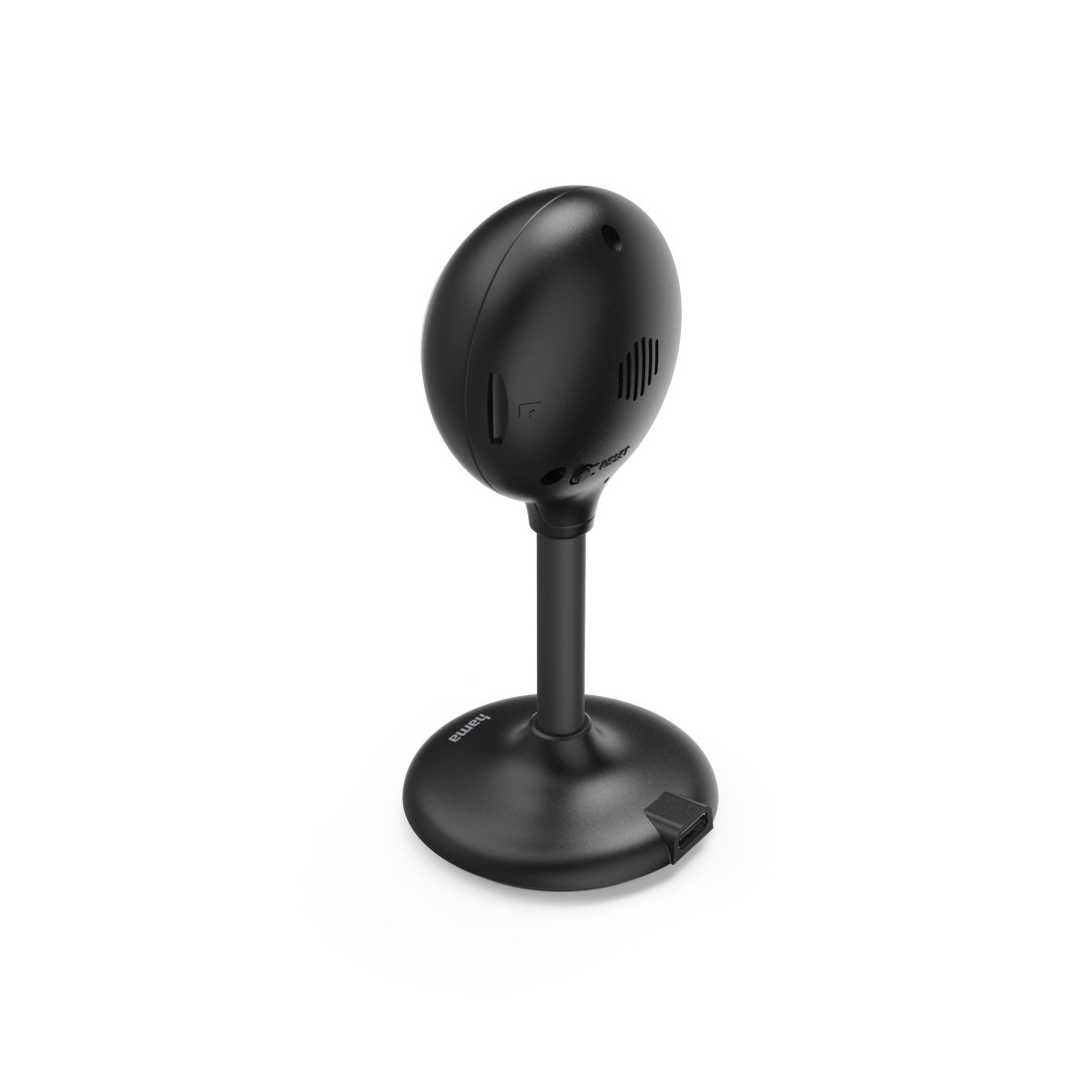 Schwarzes Babyphone mit rundem Kopf auf Ständer. Markenname: hama.