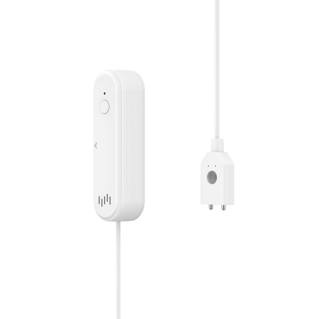 Weißes Smart-Home-Gerät. Enthält einen rechteckigen Sensor und einen Stecker mit Knopf. Beide sind durch ein weißes Kabel verbunden.
