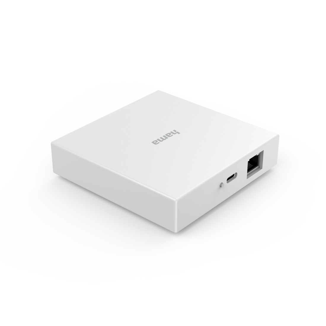 Weißes, quadratisches Smart-Home-Gerät mit dem Wort 'hama' darauf. Es hat Anschlüsse an der Seite.
