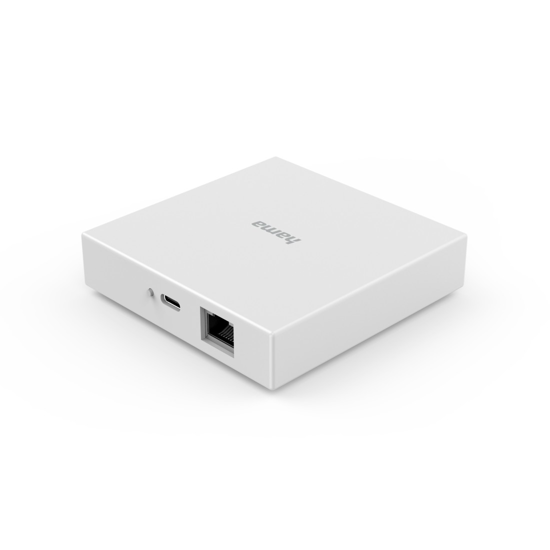Weißes, quadratisches Smart-Home-Gerät mit dem Wort 'hama' darauf. Es hat einen Anschluss an der Seite.