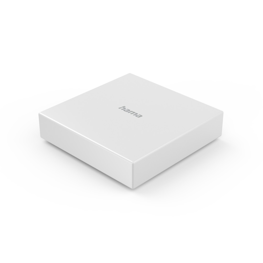 Weißes, quadratisches Smart-Home-Gerät mit dem Wort 'hama' darauf. Es ist ein sauberes, minimalistisches Design.