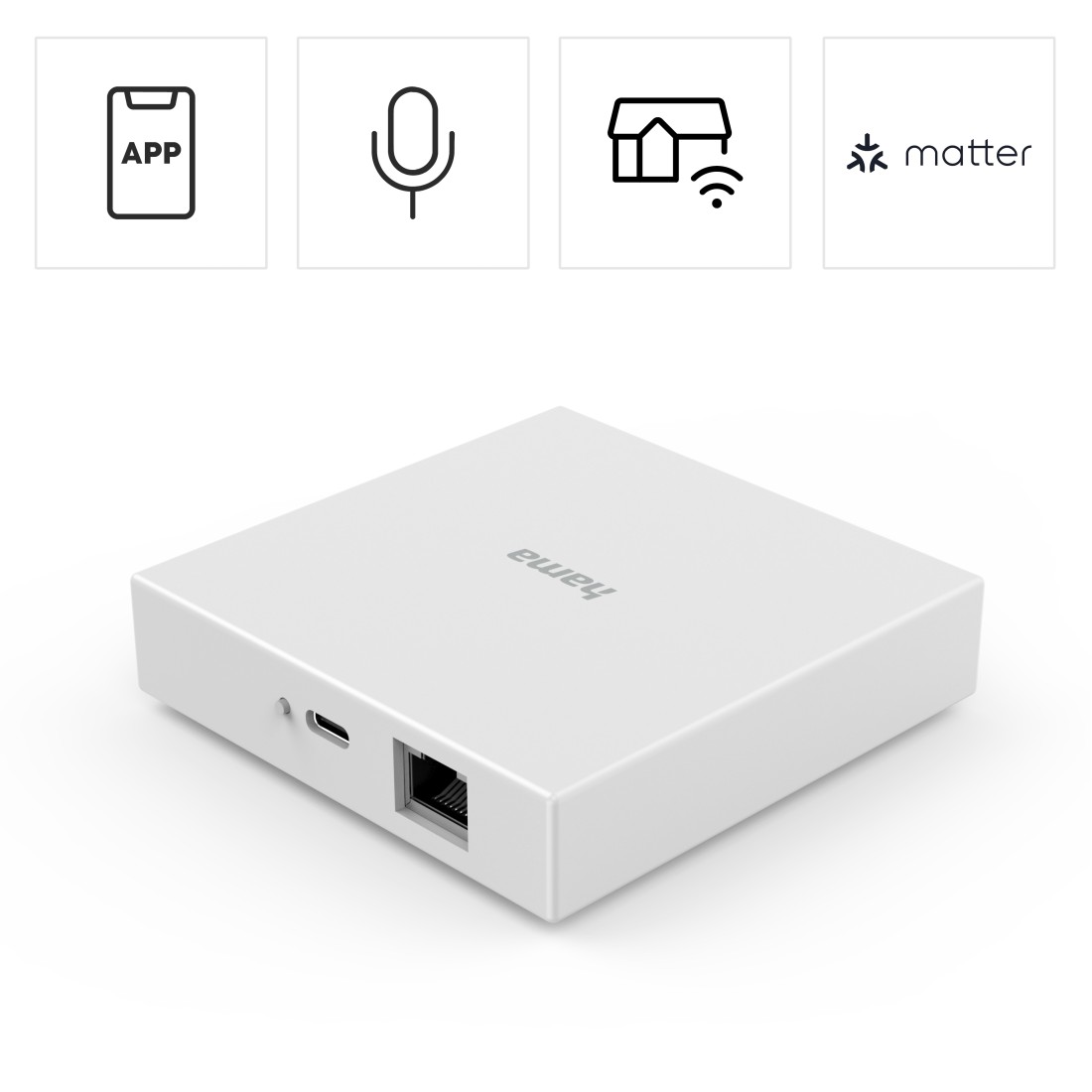 Weißes Smart-Home-Gerät mit Symbolen für App, Mikrofon, Heimnetzwerk und Matter.