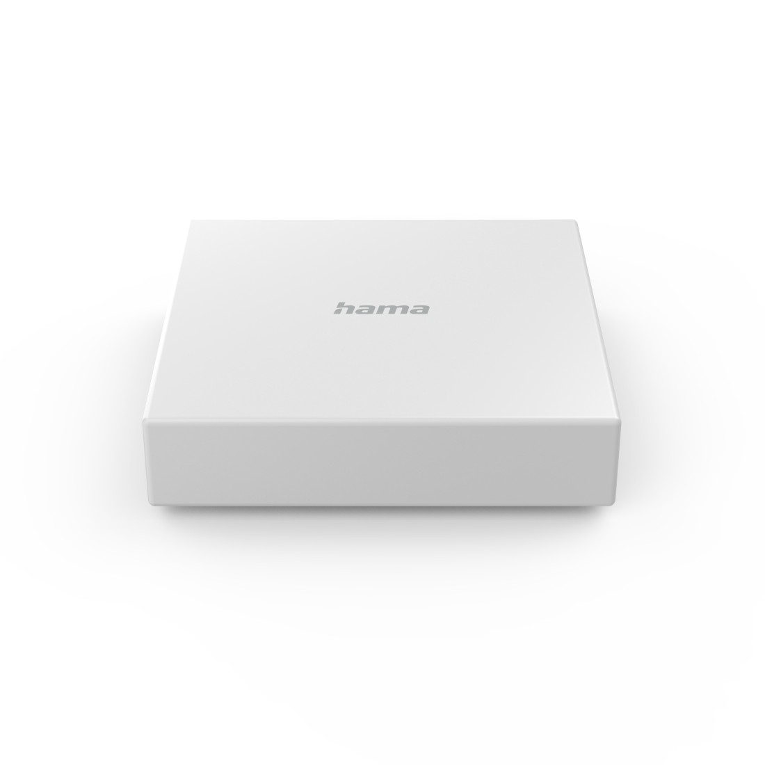 Weißes, quadratisches Smart-Home-Gerät mit dem Wort 'hama' darauf. Sauberes, minimalistisches Design.