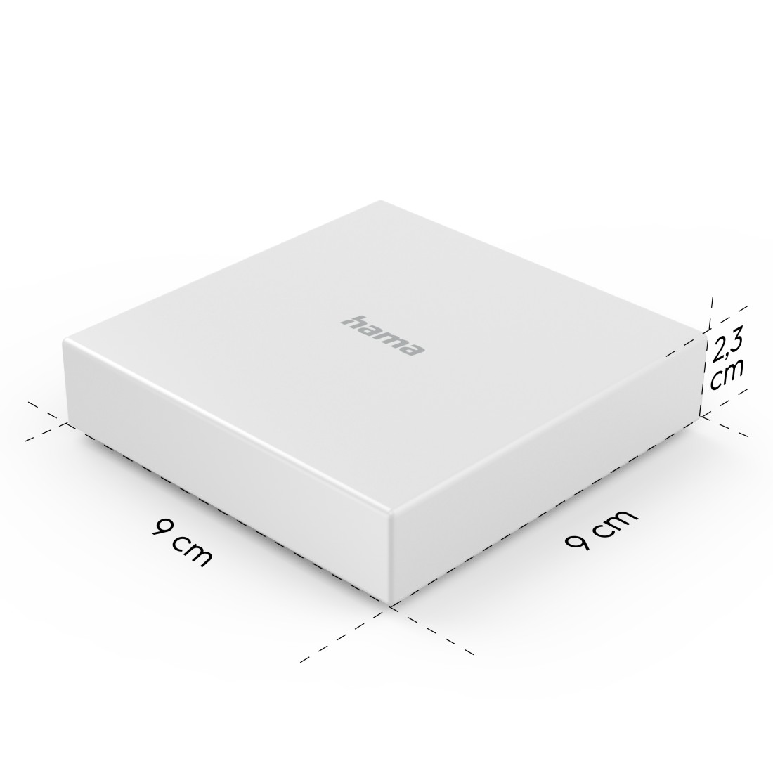 Weißer, quadratischer Karton mit Aufdruck 'hama'. Maße: 9 cm x 9 cm x 2,3 cm.