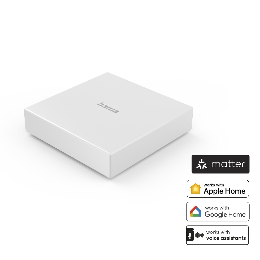 Weiße Box mit 'hama'. Matter-Logo und Symbole für Apple Home, Google Home, Sprachassistenten.