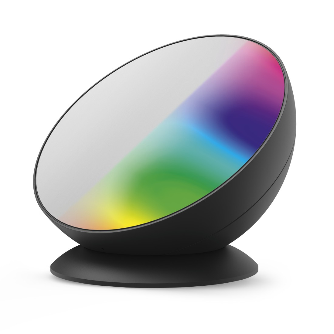 Schwarzes Smart-Gerät mit Farbverlauf. Auf Ständer, weißer Hintergrund.