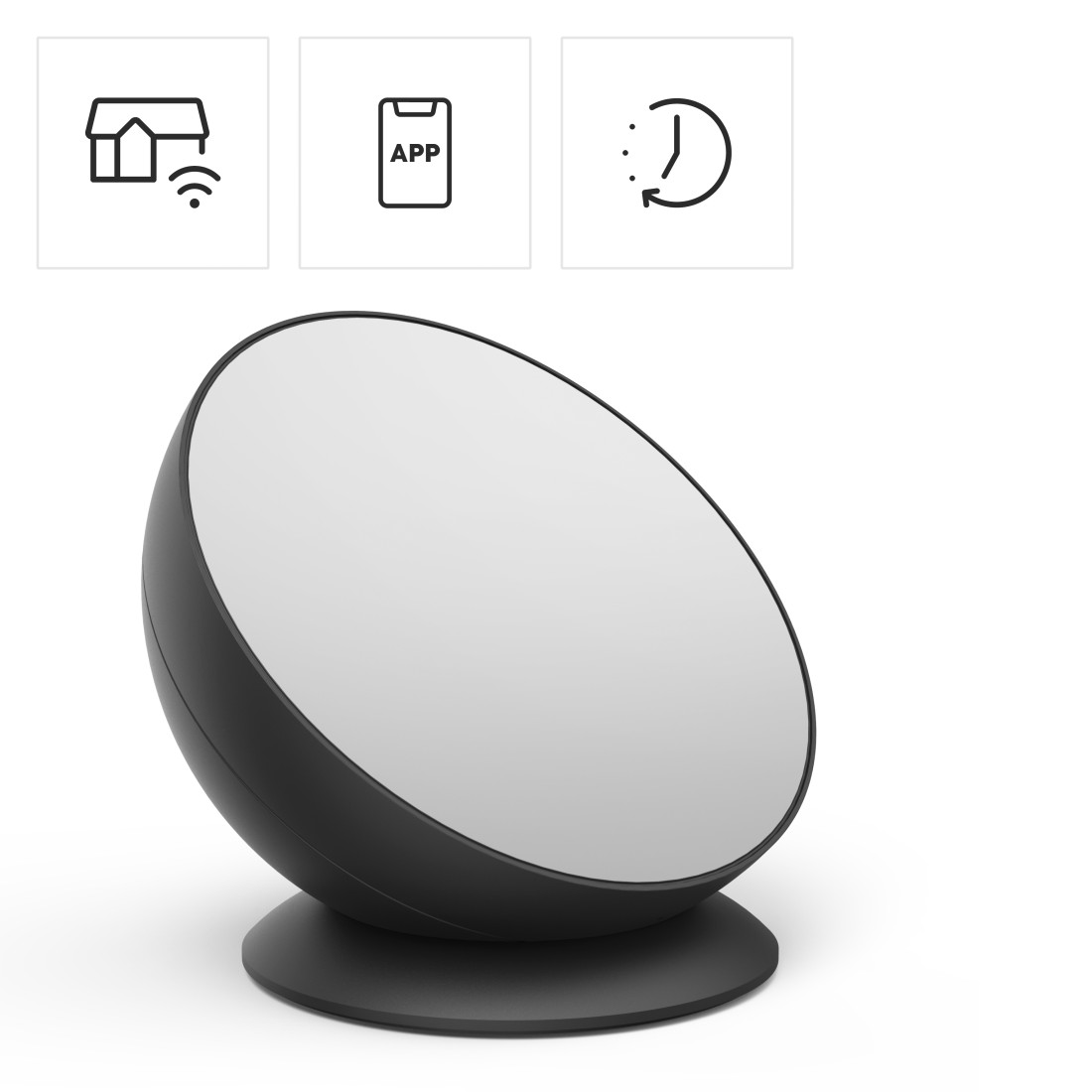 Schwarzes Smart-Gerät mit Symbolen für Zuhause, App und Zeit. Auf Ständer, weißer Hintergrund.