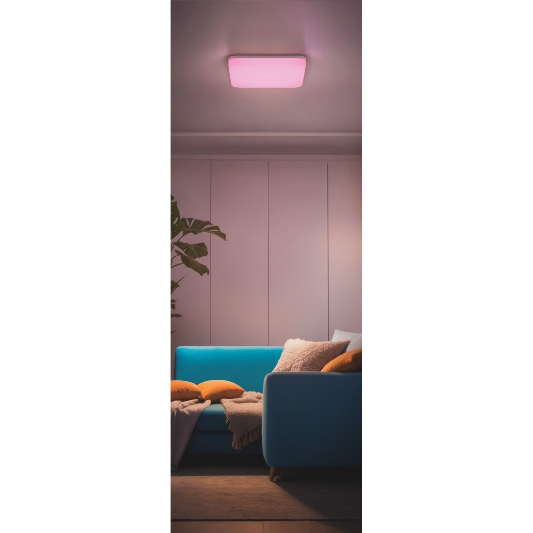 Wohnzimmer mit blauem Sofa, Kissen und Licht. Das Licht hat einen rosa Schein.
