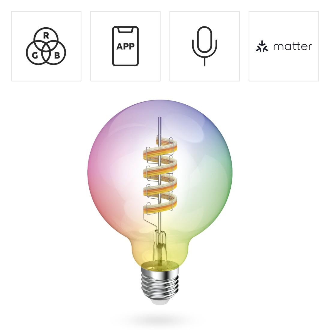 Eine Glühbirne mit einem mehrfarbigen Spiralfaden, mit Symbolen für RGB, eine App, ein Mikrofon und Materie.