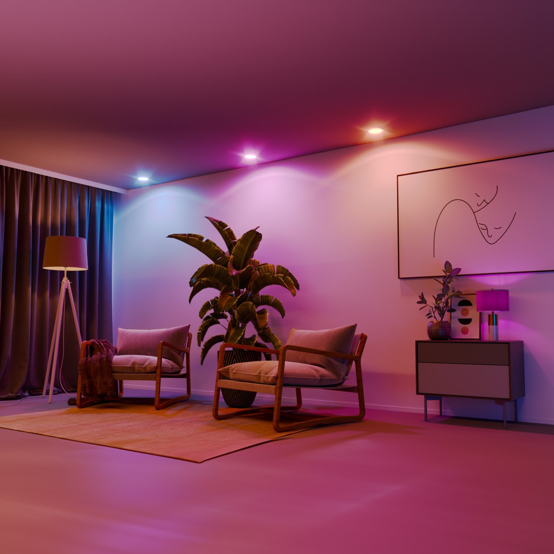 Modernes Wohnzimmer mit intelligenten Lichtern. Rosa und blaue Beleuchtung, zwei Stühle, Kunstwerk und eine Pflanze.