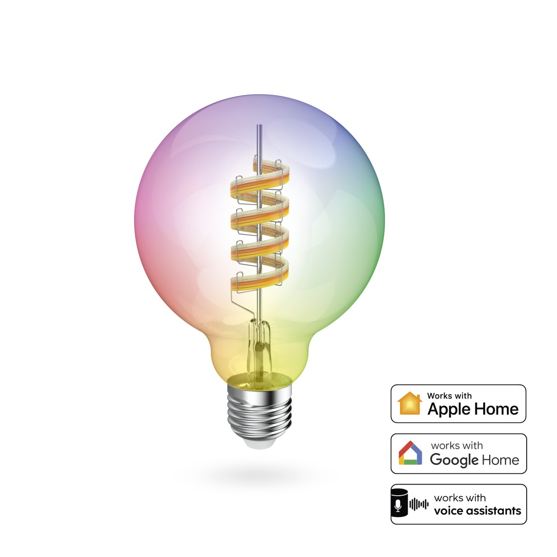 Eine Glühbirne mit einem mehrfarbigen Spiralfaden, mit Apple Home, Google Home und Sprachassistenten-Symbolen.