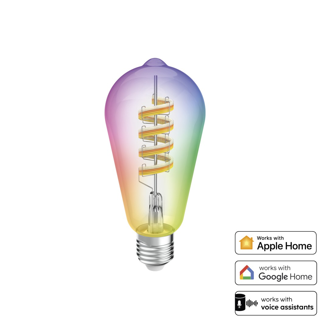 Eine farbenfrohe Glühbirne mit Regenbogenverlauf und Wendelfaden. Apple Home, Google Home und Sprachassistenten-Logos.