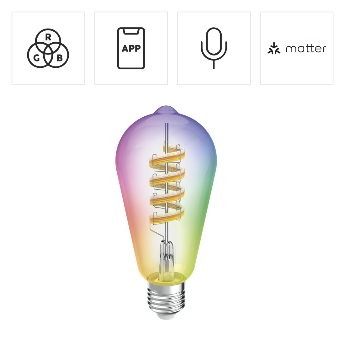Eine Glühbirne mit Regenbogenverlauf und vier Symbolen: RGB, App, Mikrofon und Matter-Logo.