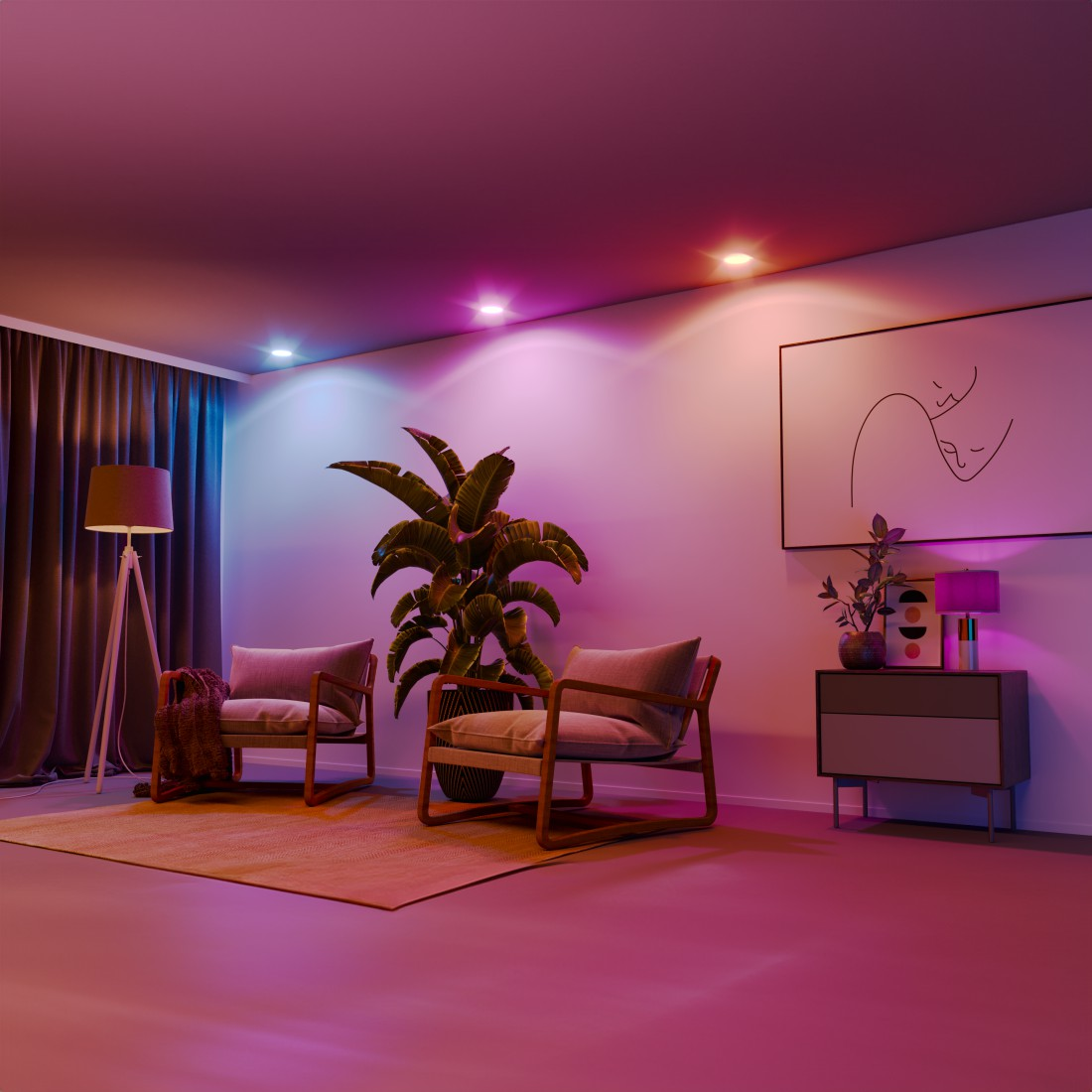 Modernes Zimmer mit farbigen Lichtern und zwei Stühlen. Große Pflanze und ein Gemälde an der Wand.