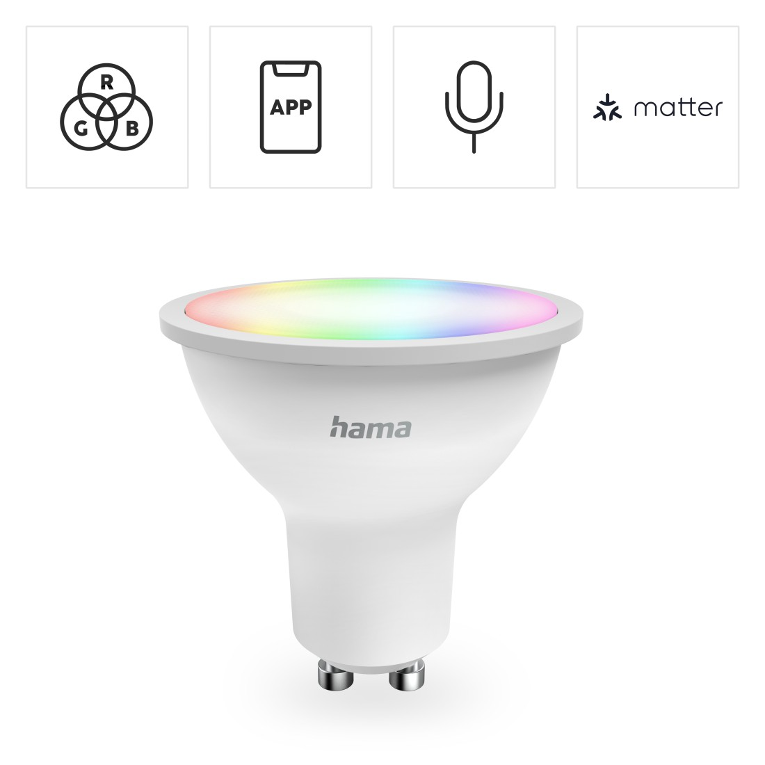 Weiße Hama Smart-Glühbirne mit Symbolen für RGB, APP, Mikrofon und Matter.