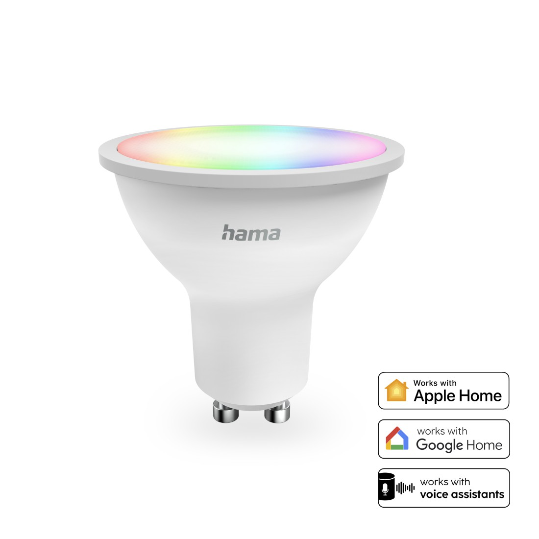 Weiße Hama Smart-Glühbirne mit buntem Oberteil und Symbolen für Apple Home, Google Home und Sprachassistenten.