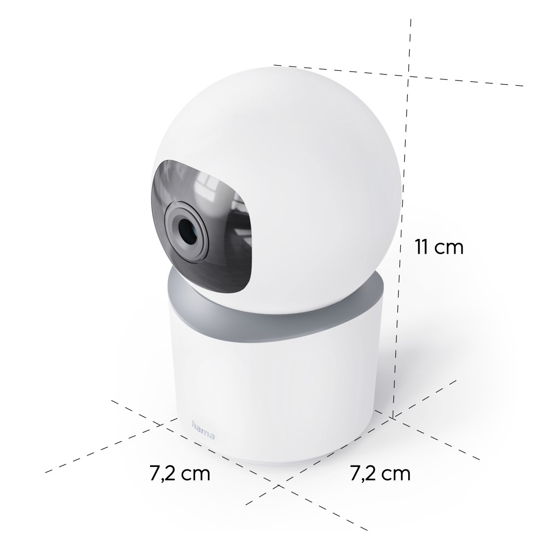 Weiße Überwachungskamera mit Abmessungen: 7,2 cm x 7,2 cm x 11 cm, mit zylindrischem Sockel.