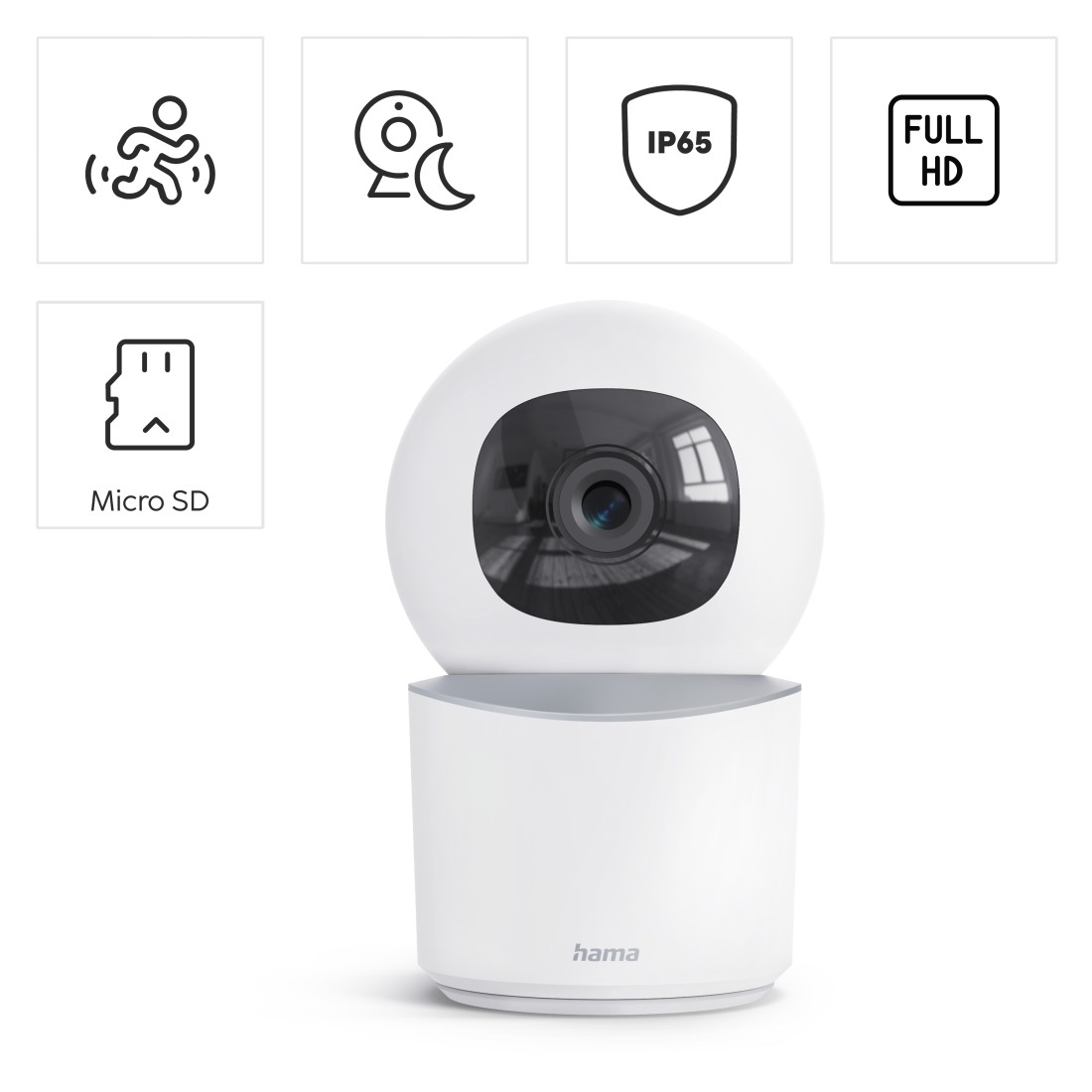 Weiße Überwachungskamera mit Symbolen für Bewegungserkennung, Nachtsicht, IP65, Full HD und Micro SD.