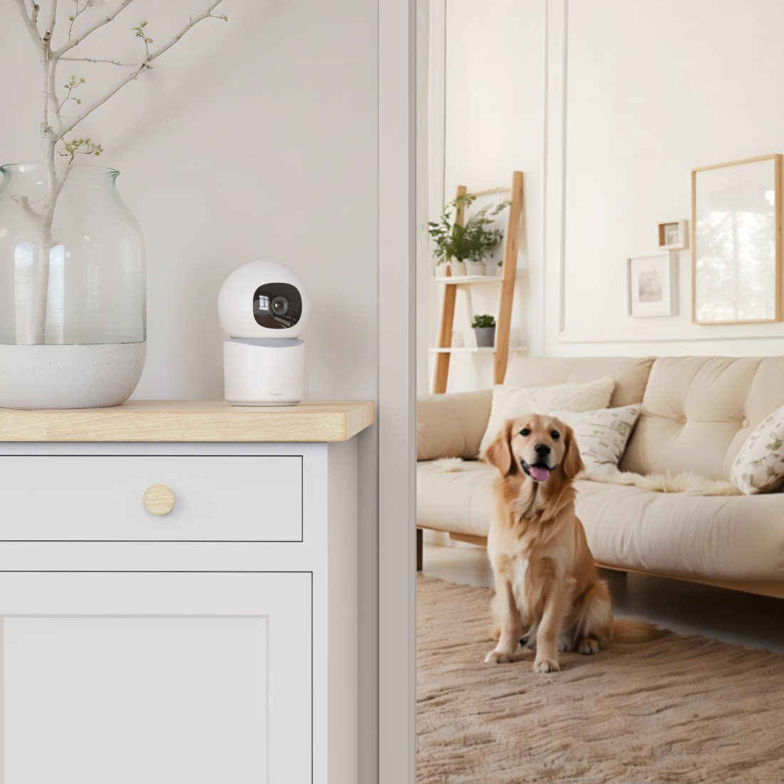 Weiße Überwachungskamera auf einem Tisch, mit Hund im Hintergrund und Vase mit Zweigen.