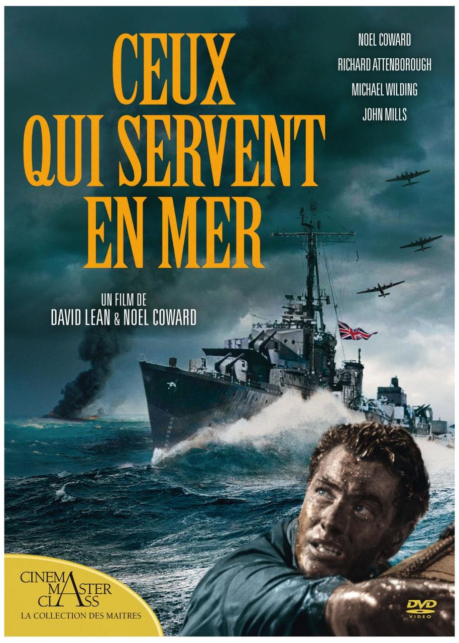 Movie poster of a warship at sea. Text in yellow: Ceux Qui Servent En Mer.