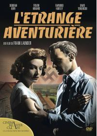 Movie poster: woman and man, title 'L'Etrange Aventuriere'. Houses in the background, Nazi symbol.