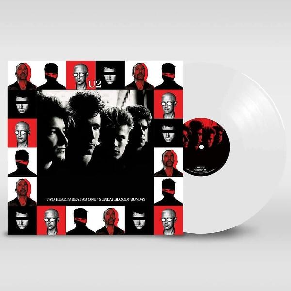 U2 album borítója. Fekete-fehér képek a zenekar tagjairól a borítón, egy fehér bakelit lemez mellett.