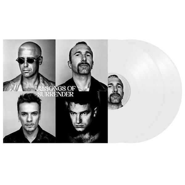 Az U2 'Songs of Surrender' album borítója a zenekar tagjainak portréival és fehér bakelit lemezekkel.