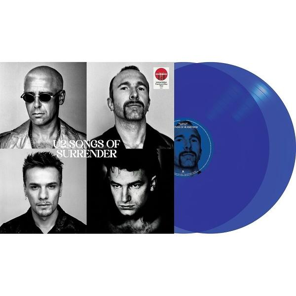Pochette de l'album U2: Quatre portraits de membres du groupe et un disque vinyle bleu avec un portrait. Titre de l'album: Songs of Surrender.