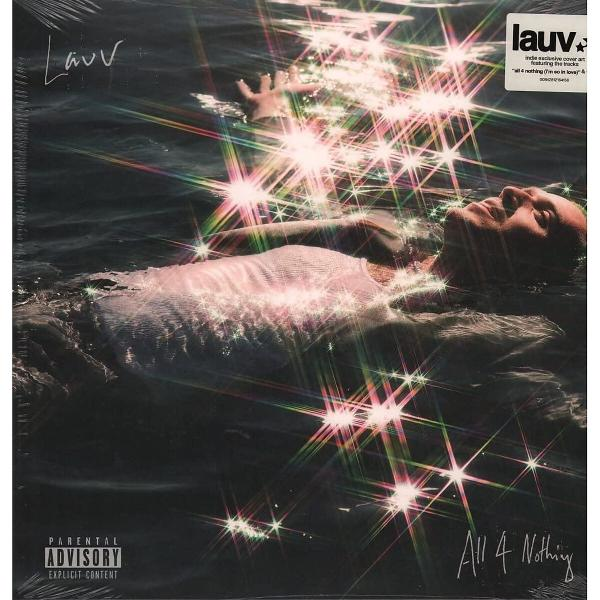 Albumcover von Lauv im Wasser, funkelndes Licht. Mann treibt im Wasser, Hand oben. Text Lauv, All 4 Nothing, Parental Advisory.