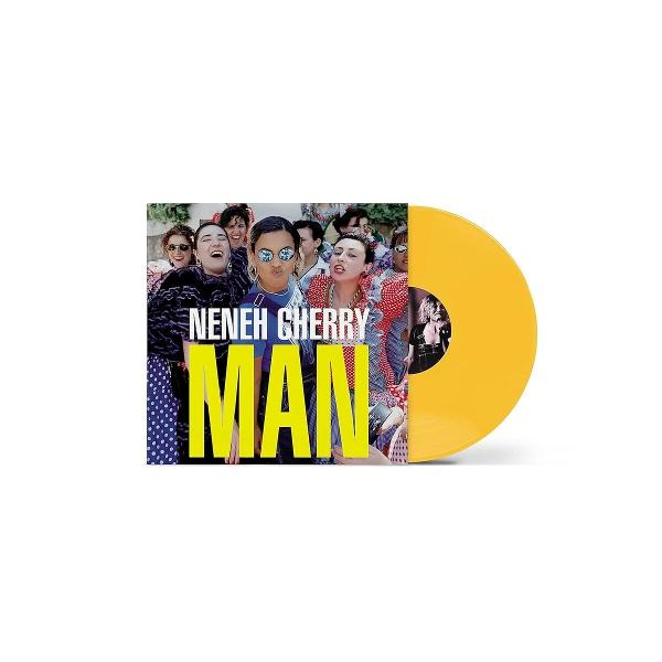 Albumcover für Neneh Cherrys "Man" mit einer gelben Schallplatte. Das Cover zeigt eine Gruppe von Menschen und den Titel des Albums.