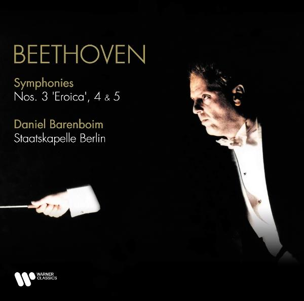 Album borító: Beethoven szimfóniák Daniel Barenboimmal. Karmester profilban, pálcát tart. Sötét háttér fehér szöveggel.