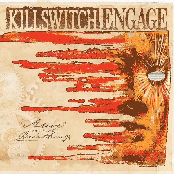 A Killswitch Engage album borítója. Piros csíkok egy barna szem illusztráción, szöveg 'Alive or just breathing'.
