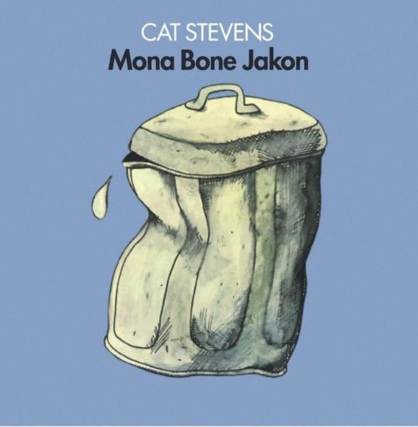 Album borító. Egy gyűrött szemeteskuka fedővel, egyetlen csepp folyadék, és a „Cat Stevens Mona Bone Jakon” szavak.