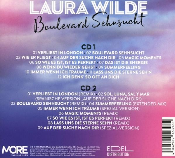 Albumcover mit Titellisten und Text 'Laura Wilde Boulevard Sehnsucht'. Meist roter und weißer Text.
