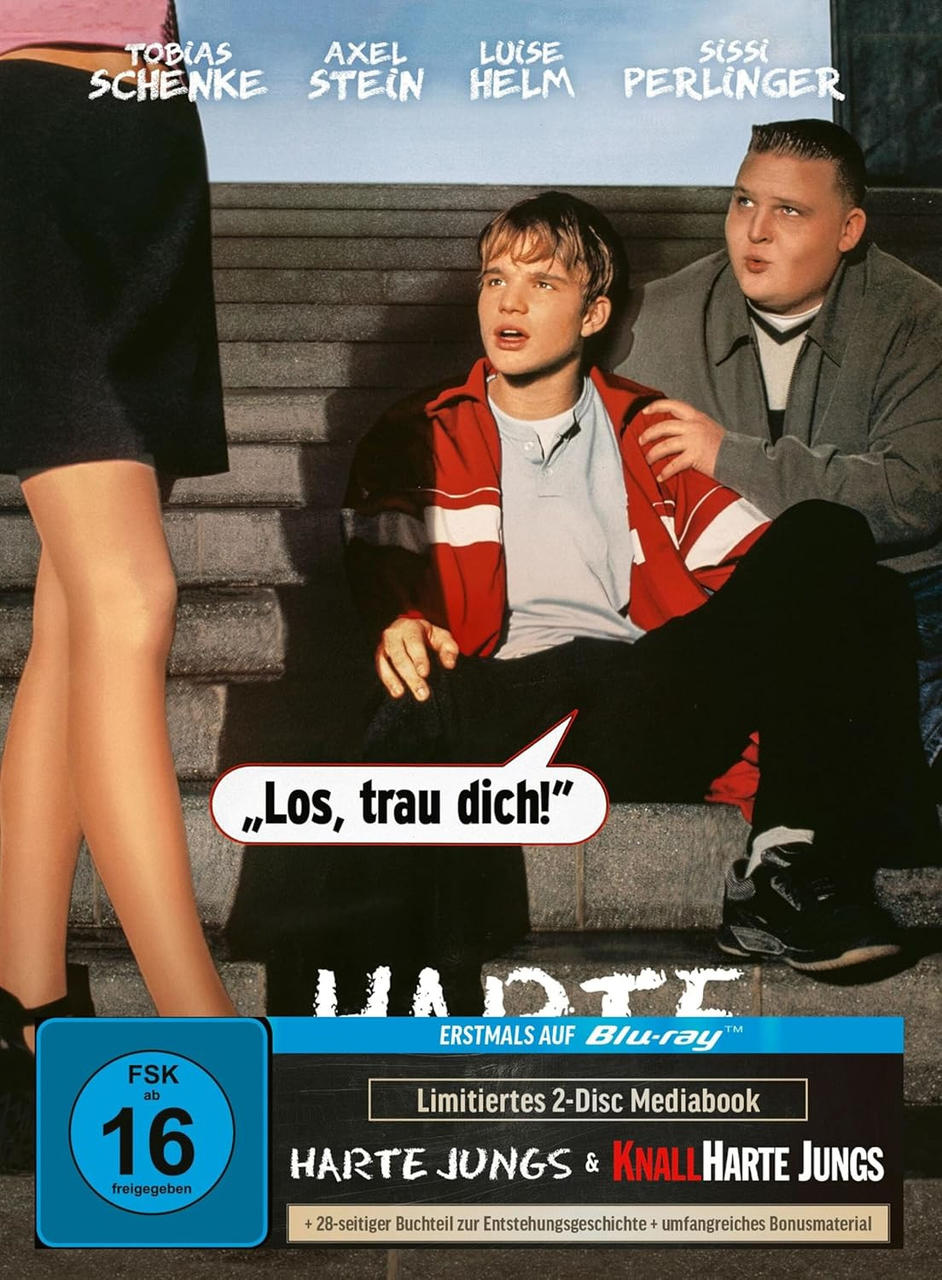 Filmposter mit drei Personen. Text 'Los, trau dich!' und 'Harte Jungs'. Blu-ray Disc.