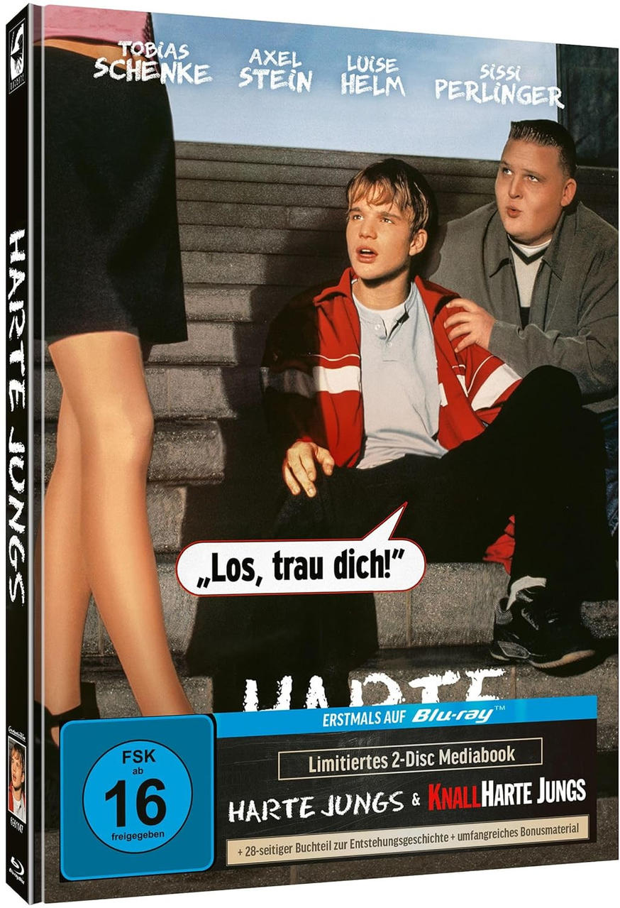Filmposter mit drei Personen. Text 'Los, trau dich!' und 'Harte Jungs'. Blu-ray Disc Box.