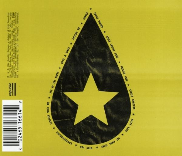 Gelbes Albumcover mit schwarzer Tränenform, die einen gelben Stern enthält. Songtitel umgeben die Träne.