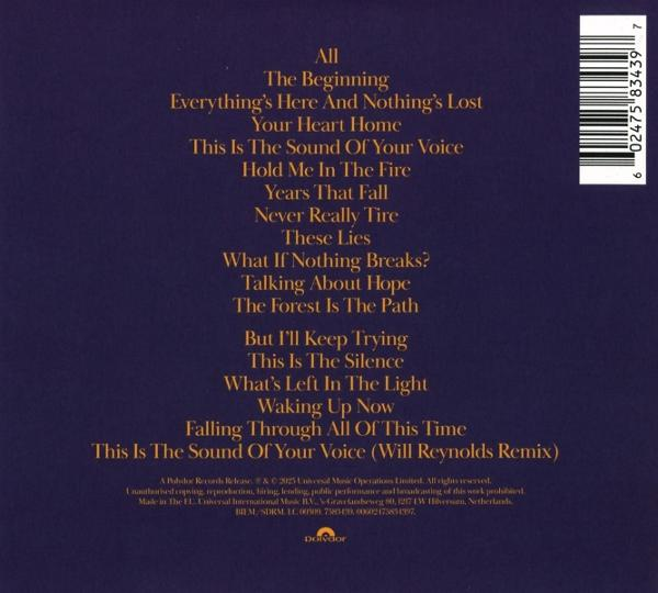 L'arrière d'un boîtier de CD. Le texte doré sur fond bleu foncé liste les titres des chansons et un code-barres.
