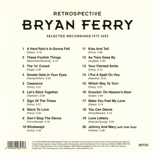 Pochette de l'album 'Retrospective' de Bryan Ferry avec une liste de chansons et le logo BMG.