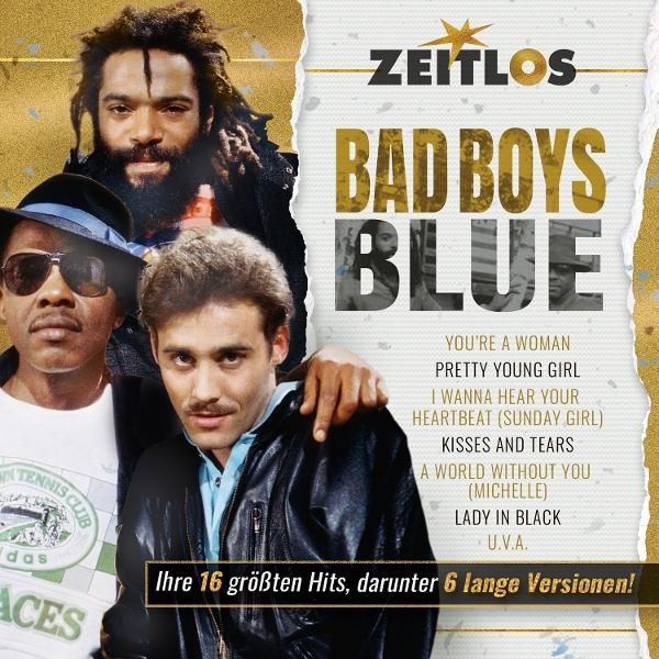 Albumcover von Bad Boys Blue. Zeigt drei Männer, den Bandnamen und eine Titelliste. Der Hintergrund ist gold und weiß.