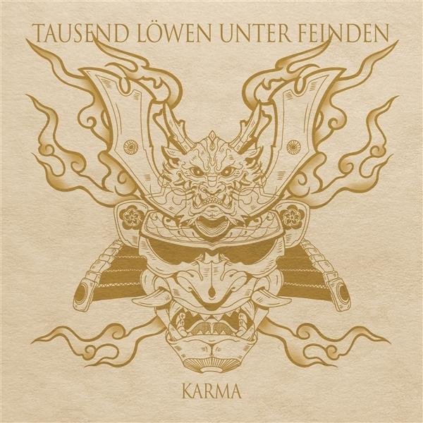 Albumcover mit goldener Samurai-Maske vor beigem Hintergrund. Oben steht 'Tausend Löwen unter Feinden'.