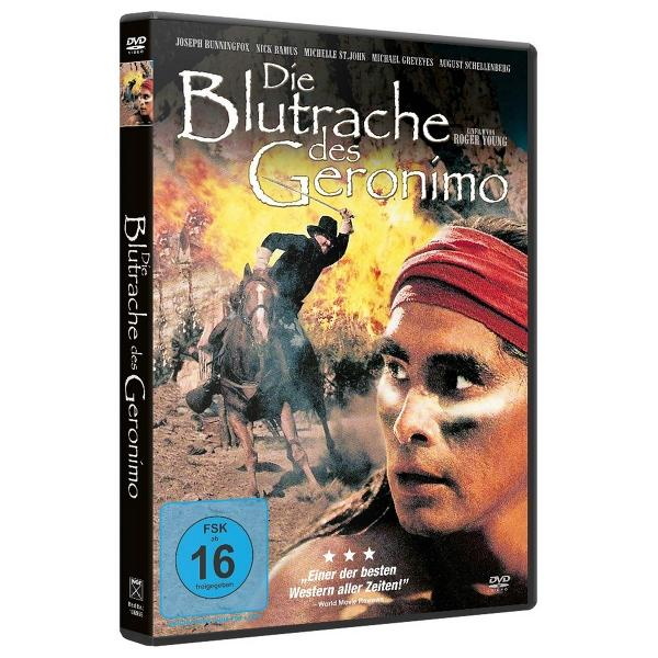 DVD-Cover von "Die Blutrache des Geronimo". Es zeigt einen indianischen Mann mit rotem Stirnband und einen Mann auf einem Pferd.