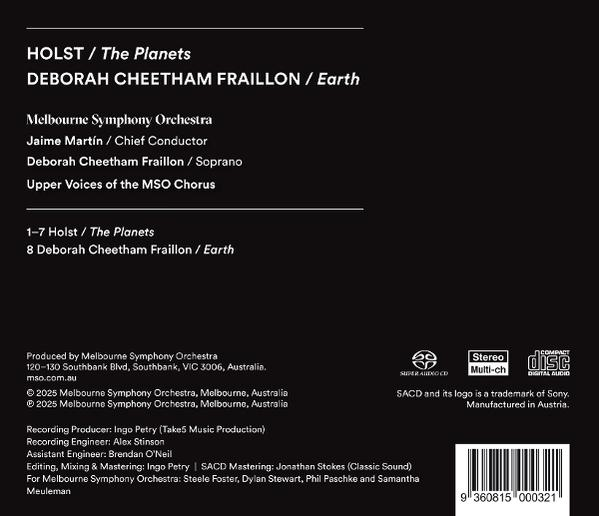 Schwarzes CD-Cover mit Text: Holst/The Planets, Deborah Cheetham Fraillon/Earth, Melbourne Symphony Orchestra.