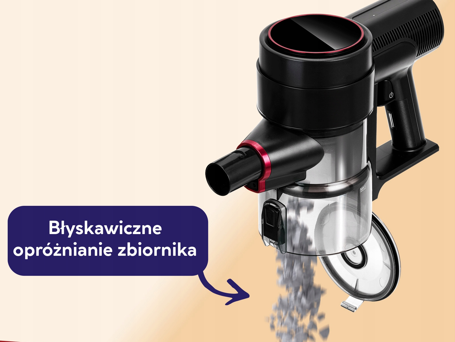 Czarny i czerwony odkurzacz z przezroczystym pojemnikiem na kurz, opróżniający zawartość. Tekst: 'Szybkie opróżnianie pojemnika'.