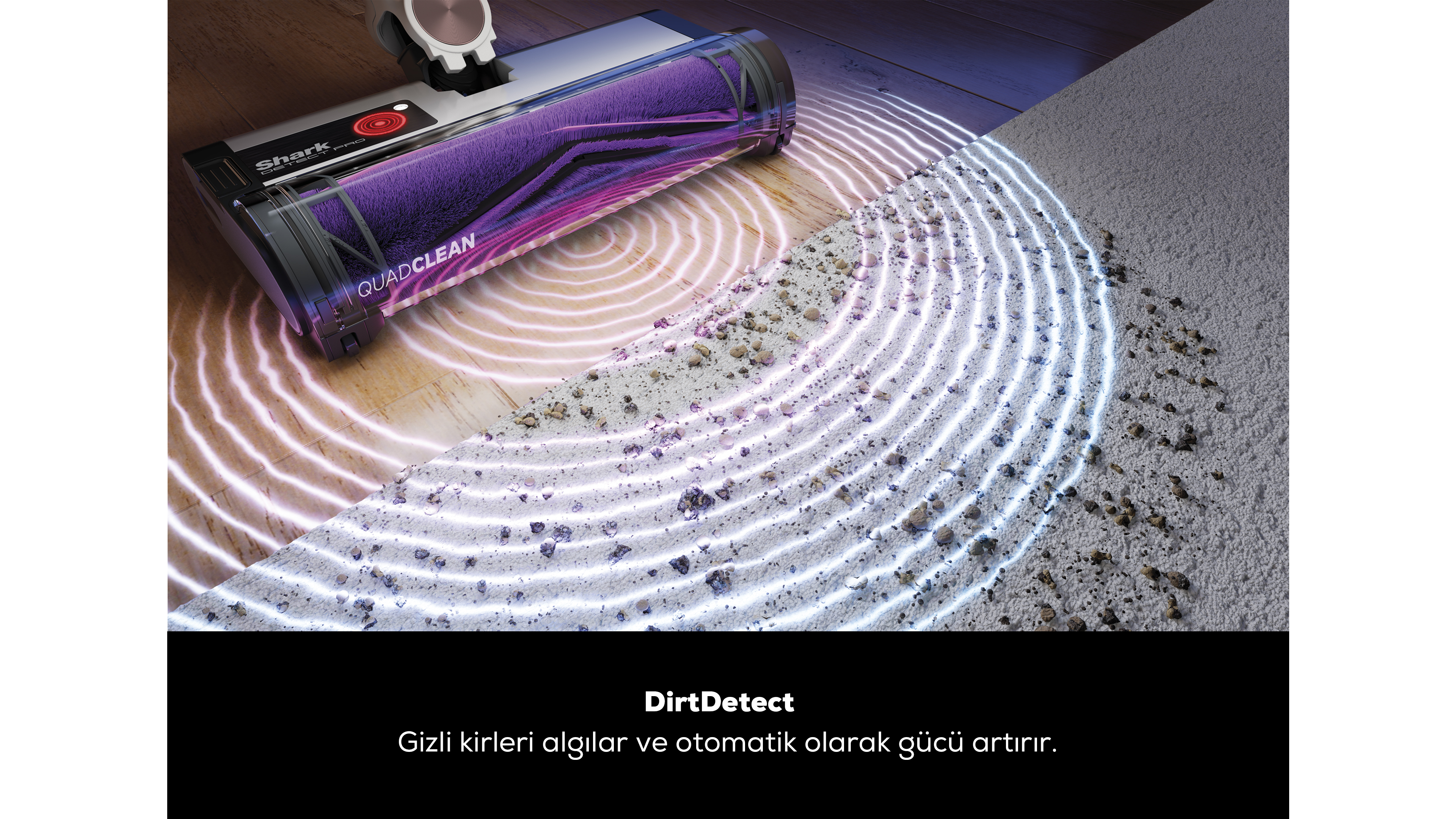 Görünür kir bulunan bir zeminde bir elektrikli süpürge başlığı. Görüntü, yayılan ışıkla birlikte DirtDetect özelliğini gösteriyor.