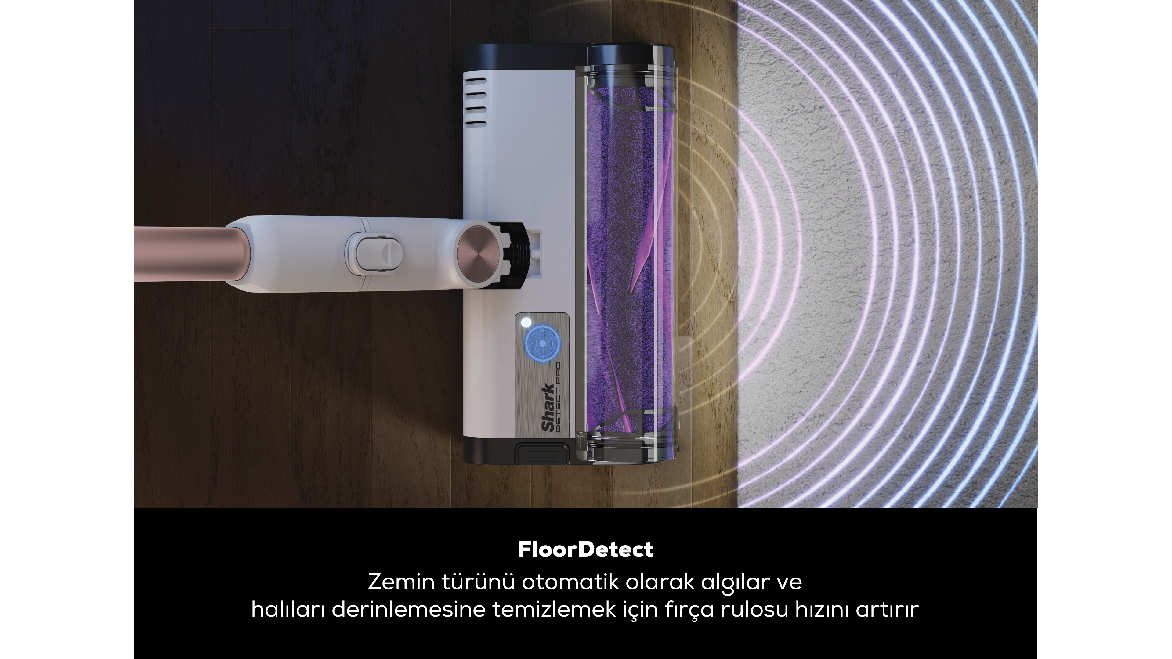 Derinlemesine temizlik için yayılan ışıkla FloorDetect özelliğini gösteren bir zeminde elektrikli süpürge başlığı.