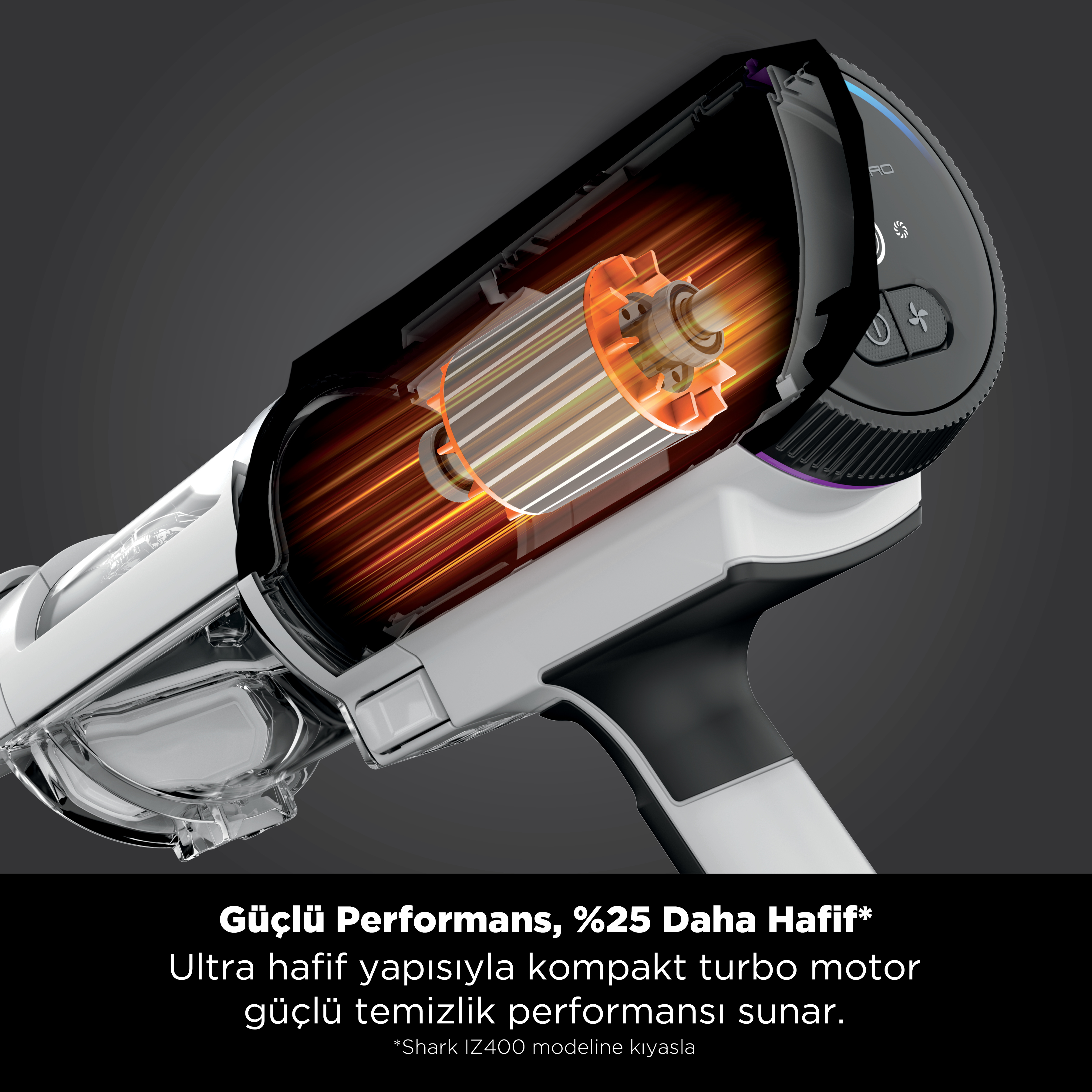 Bir elektrikli süpürge motorunun yakın çekimi. Motor, kompakt, hafif bir tasarımla güçlü bir performans sergiliyor.