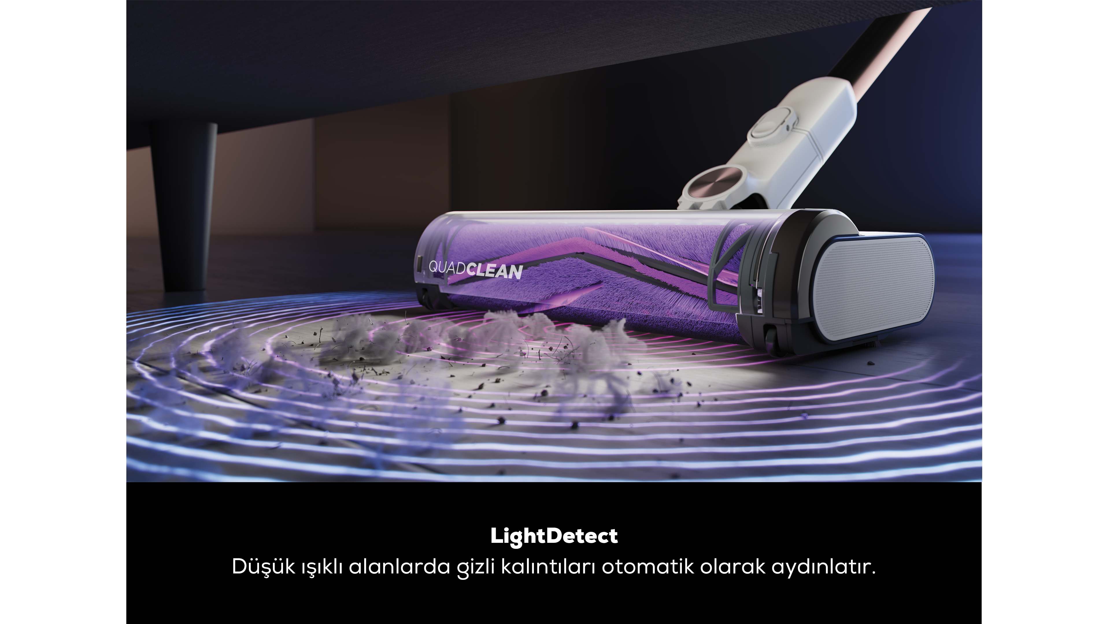 Zemin üzerinde elektrikli süpürge başlığı, düşük ışıklı alanlardaki gizli kiri vurgulayan LightDetect özelliğini gösteriyor.